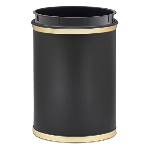 Kraftware Sophisticates Oval Wastebasket with Plastic Liner, Adding Classic Style to The Bathroom and All Other Rooms in The Home or Office, 13 Quart Capacity, Black with Gold Trim