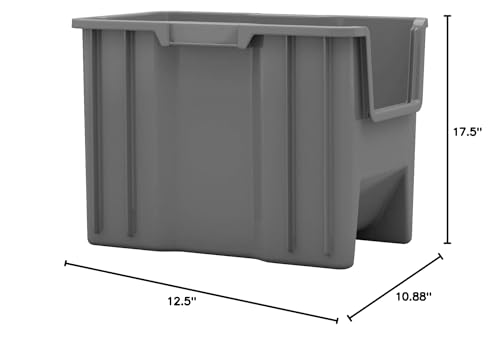 Akro-Mils 13014 Stak-N-Store Heavy Duty Stackable Open Front Plastic Storage Container Bin, (17-1/2-Inch x 11-Inch x 12-1/2-Inch), Gray, (4-Pack)