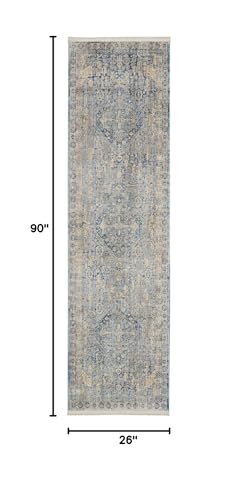Nourison Silken Weave Vintage Blue/Ivory 2'2" x 7'6" Area -Rug, Easy -Cleaning, Non Shedding, Bed Room, Living Room, Dining Room, Kitchen (2x8)