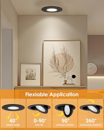 POPANU Gimbal LED Recessed Light - 4 Inch Black 9W 360° Rotation Directional Adjustable Eyeball Sloped Ceiling Recessed Lighting 4 inch Light Wafer Soffit Indoor Spotlight Canless Black 4 inch 6 Pack