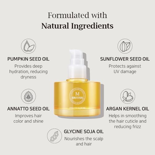 BRITISH M Annatto Hair Oil 4.73 fl. oz – Frizz-Free Shine, Deep Hydration, Natural Vegan Formula, UV Protection, Salon-Quality for All Hair Types