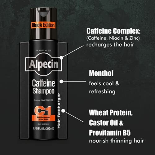 Alpecin Caffeine Shampoo C1 Black Edition, Men's Natural Hair Growth Shampoo for Thinning Hair with Niacin, Menthol, and Castor Oil, 8.45 fl. oz., Pack of 3
