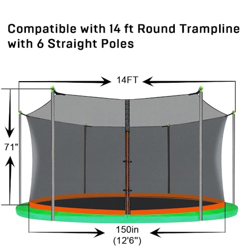 14Ft Trampoline Net Replacement with 6 Enclosure Pole Caps, Trampoline Replacement Enclosure Net Round Safty UV-Resistant Weather-Resitant Breathable Durable(Not Include Poles)