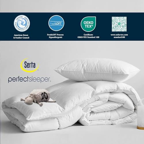 Serta Goose Feather Down Fiber Cotton Comforter Queen Size - 100% Cotton Duvet Insert - Hotel Luxury Hypoallergenic Bedding Comforter All Season Medium Warmth 90 x 90 Inch White