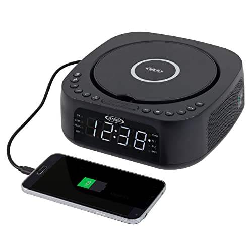 JENSEN JCR-375 Stereo Digital Dual-Alarm Clock with Top-Loading CD Player, FM Tuner, USB Charging Port, and Battery Backup