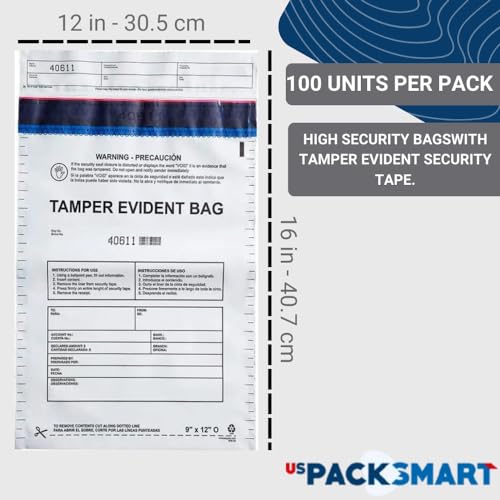 USPACKSMART 12”x16" Opaque Plastic Deposit Bags with Security Tape Tamper Evident - Secure Bank Deposits, Cash Handling, & Currency Transport | Self-Sealing Tape with Hidden Graphics | 100-Pack