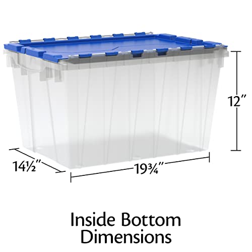 Akro-Mils KeepBox 12 Gallon Storage Container, Nesting and Stackable Plastic Storage Box with Lid Attached and Rails for Letter Size Hanging File Folders, 21" x 15" x 12", Clear/Blue