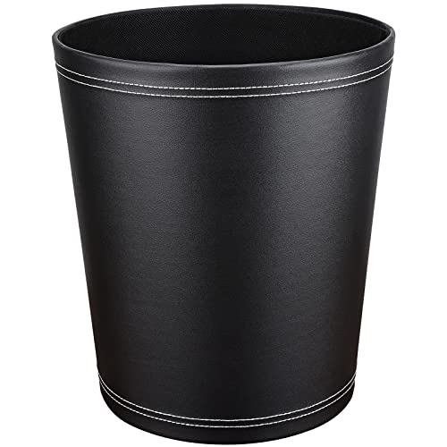 KINGFOM 3 Pack PU Leather Small Office Trash Can Wastebasket, Round Garbage Container Bin for Bathrooms, Powder Rooms, Kitchens, Home, Bedroom, High-Class Hotel, Black