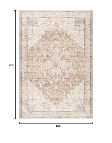 BILEEHOME Boho Farmhouse Bedroom Rug Washable Easy Clean Stain Resistant Vintage Country Rustic Neutral Persian Area Rug for Dining Room Under Table,Light Tan Brown Beig with Terracotta Pattern,5x8