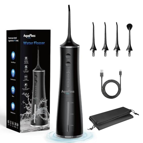 AquaFloss Pro Water Dental Flosser Teeth Pick Portable Cordless Oral Irrigator 300ml Water Tank Rechargeable Travel Teeth Cleaner IPX7 Waterproof Electric Water Flosser BV609 (Black)