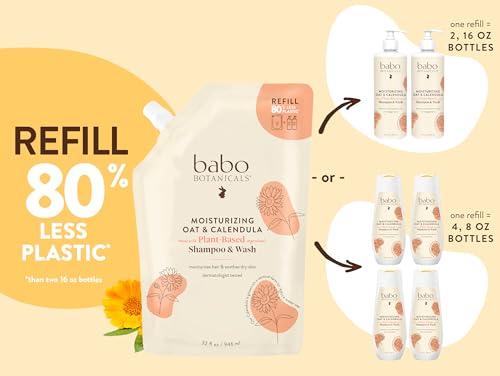 Babo Botanicals Moisturizing Oat & Calendula 2-in-1 Shampoo & Wash - for Dry or Sensitive Skin - for All Ages - Lightly Scented - Vegan - Refill pouch 32 fl.oz.