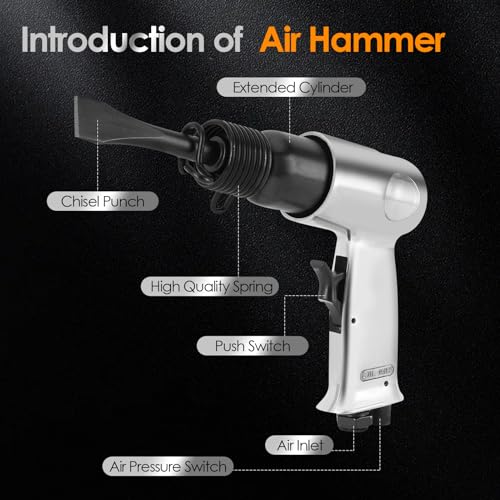 Air Hammer, Semme 4500 BPM Air Chisel with 4 Piece Chisel Punch Bits Tools, Industrial Handle Straight Type Pneumatic Hammer Tool, for General Cutting, Drilling, Rusting Removal, and Scraping