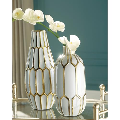 Signature Design by Ashley Mohsen Honeycomb Ceramic 2 Piece Bottle Neck Vase Set, White & Gold