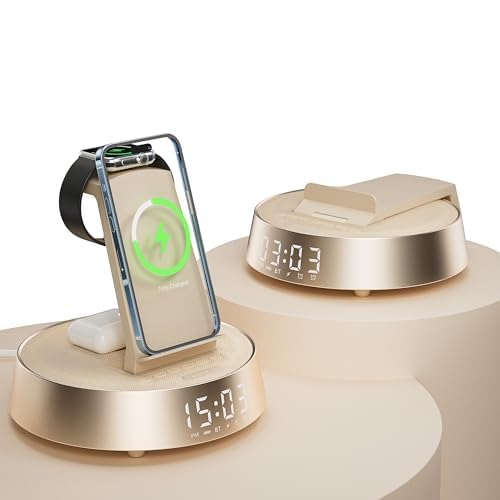 Alarm Clock with Wireless Charging Station, Clock for Bedroom with Dimmable Night Light Bluetooth Speaker, Wireless Charger Dock Station for iPhone 17 16 15 14 13 12 Pro Max, Apple Watch 11, AirPods 3