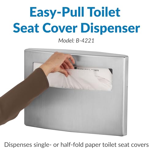 BOBRICK 4221 ConturaSeries Stainless Steel Surface-Mounted Toilet Seat-Cover Dispenser, Satin Finish, 2" Length, 11" Height, 15-3/4" Width, Medium