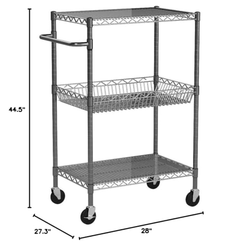 Alera Three-Tier Wire Cart, 34" x 18" x 40", Black