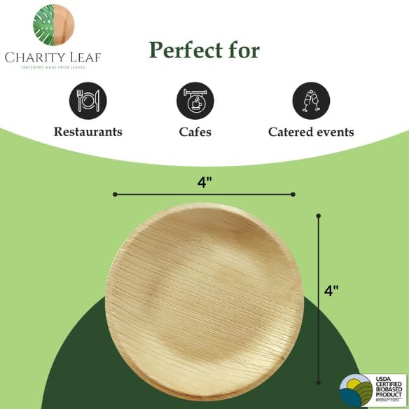 Charity Leaf Disposable Palm Leaf 4" Round Plates (200 pieces) Bamboo Like Serving Platters, Disposable Boards, Eco-Friendly Dinnerware For Weddings, Catering, Events…