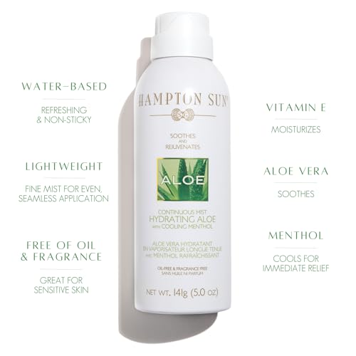 Hampton Sun Hydrating Aloe Continuous Mist, 5.0 oz. Soothing + Hydrating with Vitamin E Cooling Menthol for Quick, Long-Lasting Sunburn Relief Ultra-Fine Clear Mist Luxury After Sun Treatment