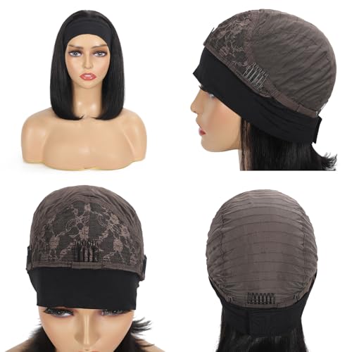 Comfair Headband Wig Human Hair Bob Short Straight Human Hair Headband Wig Wear And Go Glueless Wigs 180% Density None Lace Natural Color Bob Short Human Hair Wigs for Black Women