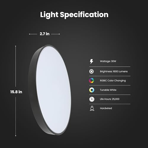 Feit Electric Smart Ceiling Light Fixture, 15" Round Flush Mount, Color Changing, Music Sync, Works with Alexa and Google Home Asst, 30W, 1600 Lumens, Tunable White, 22-Year Lifetime, FM15/RGBW/DIM/AG