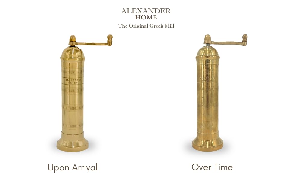 Alexander Home The Original Greek Salt Mill 8 Inch Tall | European Salt Mill Grinder with Crank Handle | Manual Salt Grinder | Salt Refillable - Brass