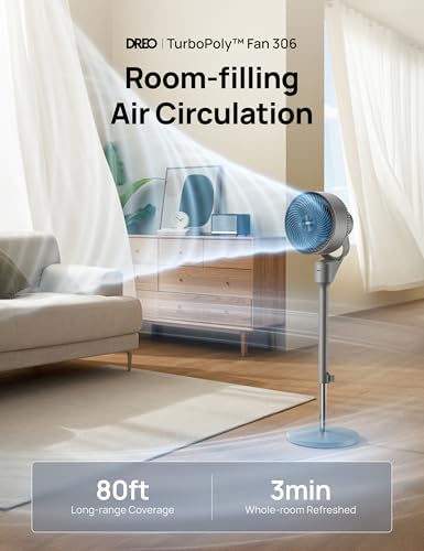 Dreo Fan for Bedroom, 80Β° Oscillating Standing Fan, 25dB Quiet, 80ft Pedestal Fans for Home Office, 90Β° Manual Vertical, 3 Speeds, Remote, 34-41" Adjustable Height, Air Circulator