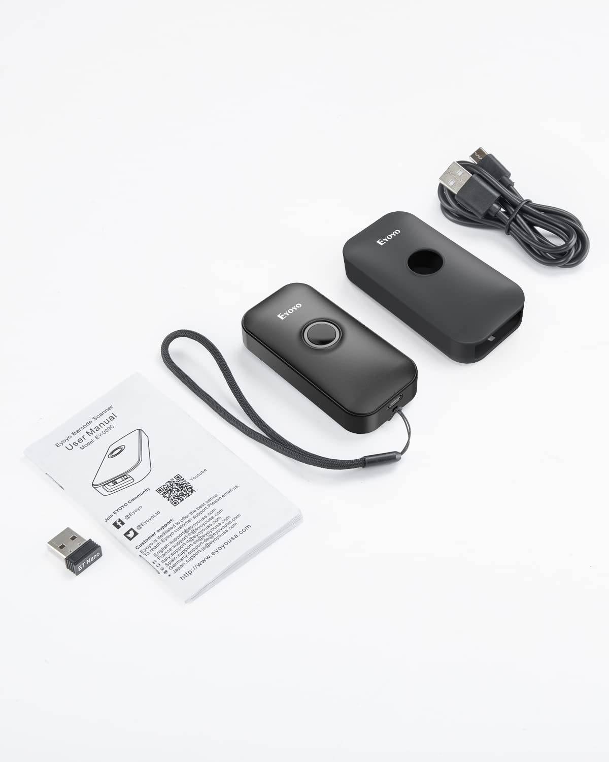 Eyoyo Mini 1D Bluetooth Barcode Scanner with Case, 3-in-1 Bluetooth & USB Wired & 2.4G Wireless Barcode Reader Portable Bar Code Scanning Work with Windows, Android, iOS, Tablets or Computers(Black)