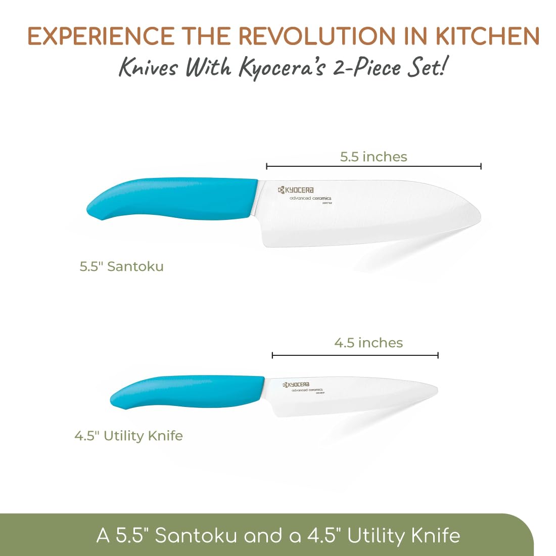 KYOCERA Revolution 2-Piece Ceramic Knife Set: Chef Knife For Your Cooking Needs, 5.5" Santoku and 4.5" Utility Knife, White Blades with Blue Handles, White/Blue