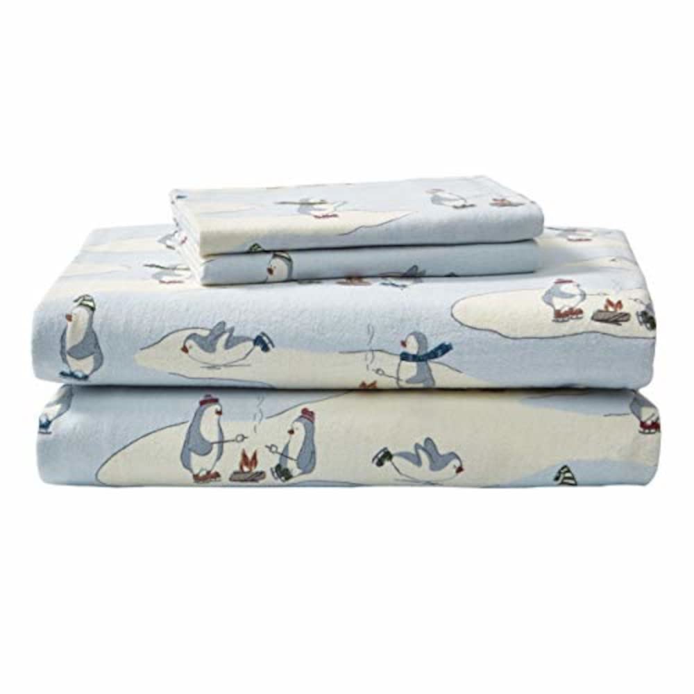 Eddie Bauer - Flannel Sheets KingSize, Anti-Pilling & Wrinkle Resistant Cotton, Touchably Soft for All-Season Comfort - Bed Sheets with Matching Pillowcase & Fitted Sheet (Skating Penguin)