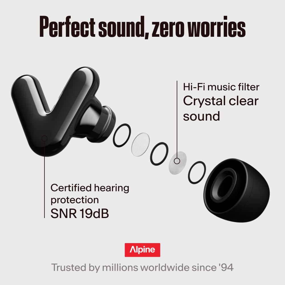 Alpine Tune Earplugs, Concert Ear Plugs for Noise Reduction, High-Fidelity Music Quality, 19dB Hearing Protection with Crystal Clear Sound, Incl. 4 Sizes, For Parties, Raves, Festivals & Clubs, Black