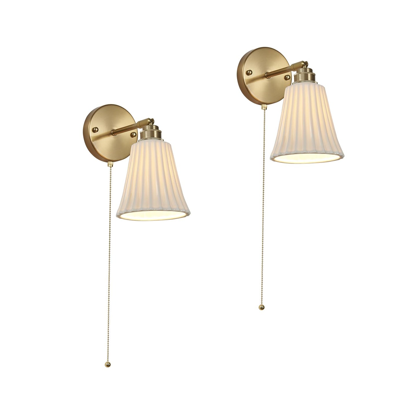 2-Pack Modern Gold Ceramic Hardwired Wall Sconces with Pull Chain Switch & Adjustable Arms – Indoor Wall Light Fixtures for Living Room, Bedroom, Kitchen & Home Office