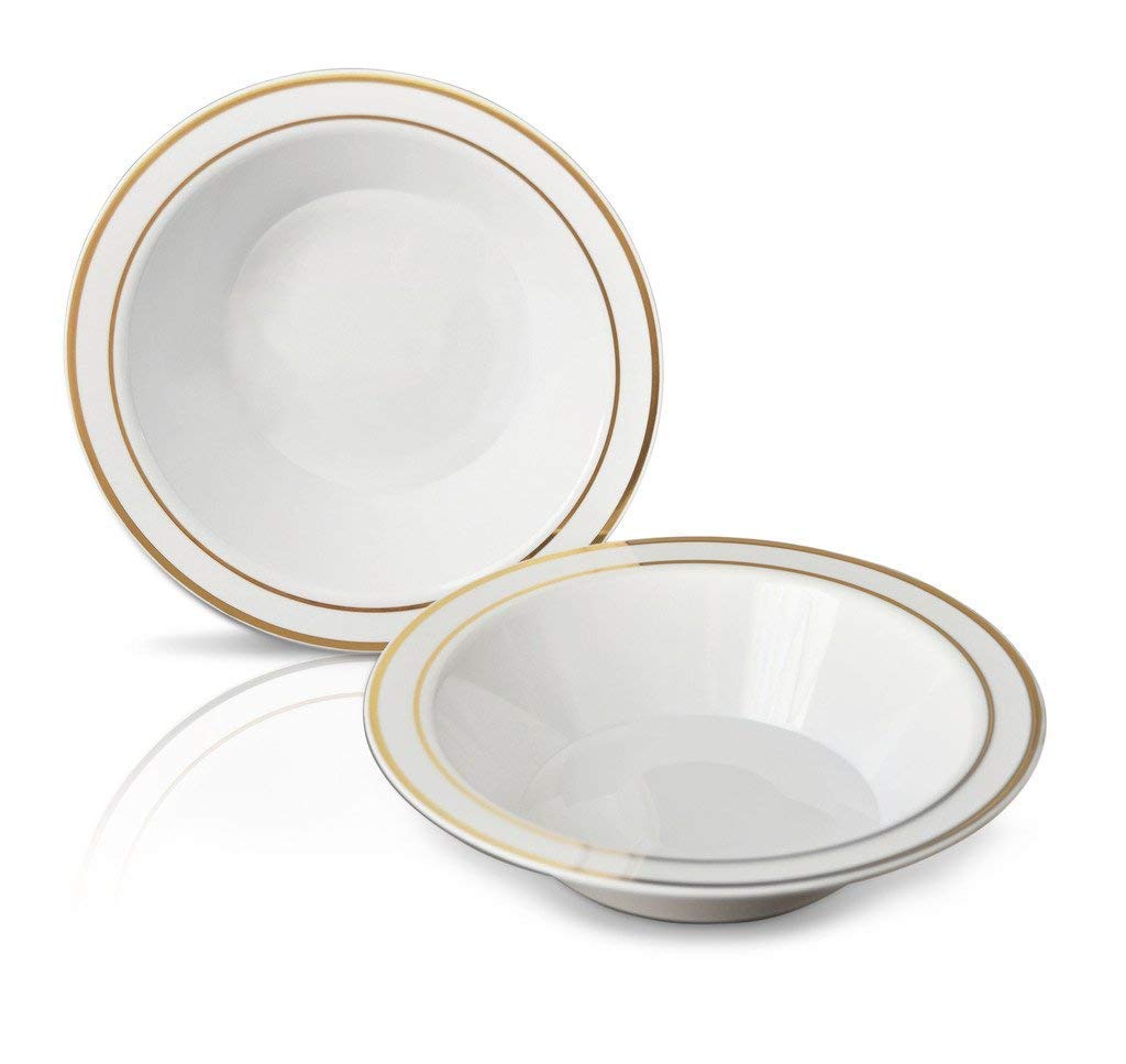50 Disposable White Gold Trim Plastic Soup Bowls | 14 oz. Premium Heavy Duty Disposable Dinnerware with Real China Design | Safe & Reusable and Great for Parties or Weddings. (50-Pack) Gold
