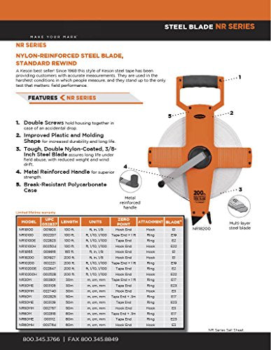 Keson NR10165H Nylon Coated Steel Blade Measuring Tape with Zero Point at Tape End and Hook End (Graduations: 1/10, 1/100), 165-Foot