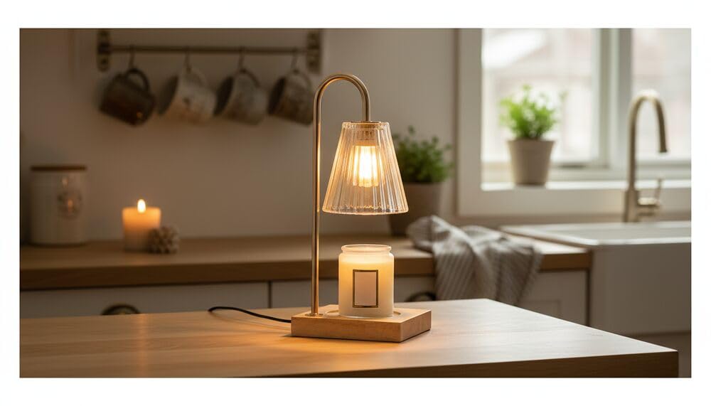 Mikasa Electric Candle Warmer with Amber Glass Shade - 13.8 Inch Lamp Warmer with Wooden Base, 50 Watt Halogen Bulb Included, Dimmer Switch, Safe Flameless Fragrance for Home Décor