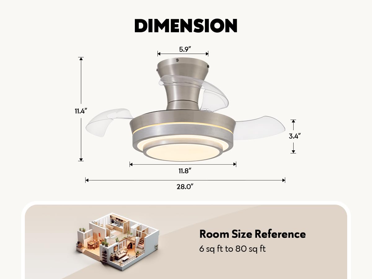 APBEAMLighting Retractable Small Led Ceiling Fan with Light and Remote 28 Inch Low Profile Brushed Nickle Modern Fandelier for Bedroom Living Room Dimmable 6 Speed Reversible Smart Ceiling Fan