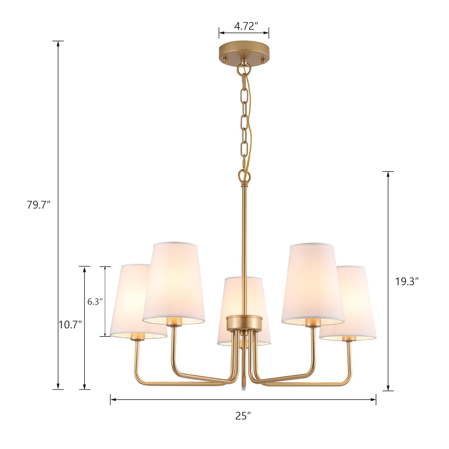 AMZASA Farmhouse Chandelier, 5-Lights Visual Comfort Gold Light, Muted Gold with White Fabric Shade, Linear Island Lighting Fixture for Kitchen, Dining Room