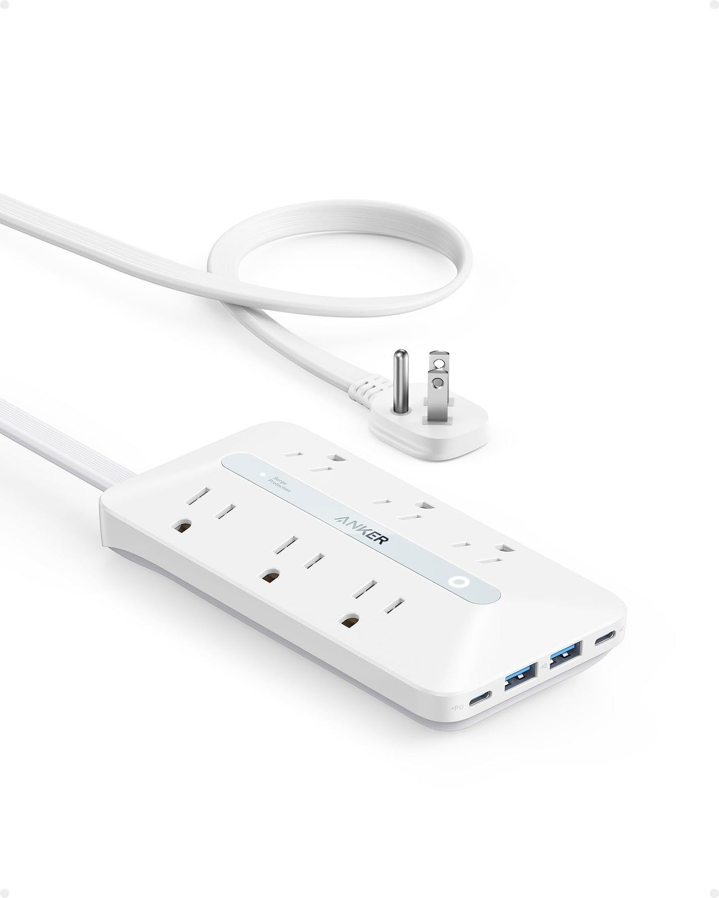 Anker Flat Plug Power Strip(300J), 20W USB C Power Strip, 10-in-1 Ultra Thin Power Strip with 6 AC, 2 USB A/2 USB C,10feet Extension Cord, Desk Charging Station,Home Office College Dorm Essentials