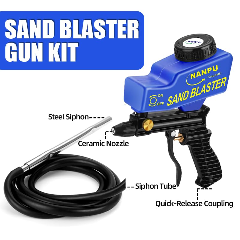 NANPU Air Sand Blaster Gun with Siphon & Gravity Feed for Air Compressor, Ceramic Nozzle, Metal Body, Paint/Rust Remover for Metal, Wood & Glass Etching, for Aluminum/Sand/Walnut Shells/Soda Blasting