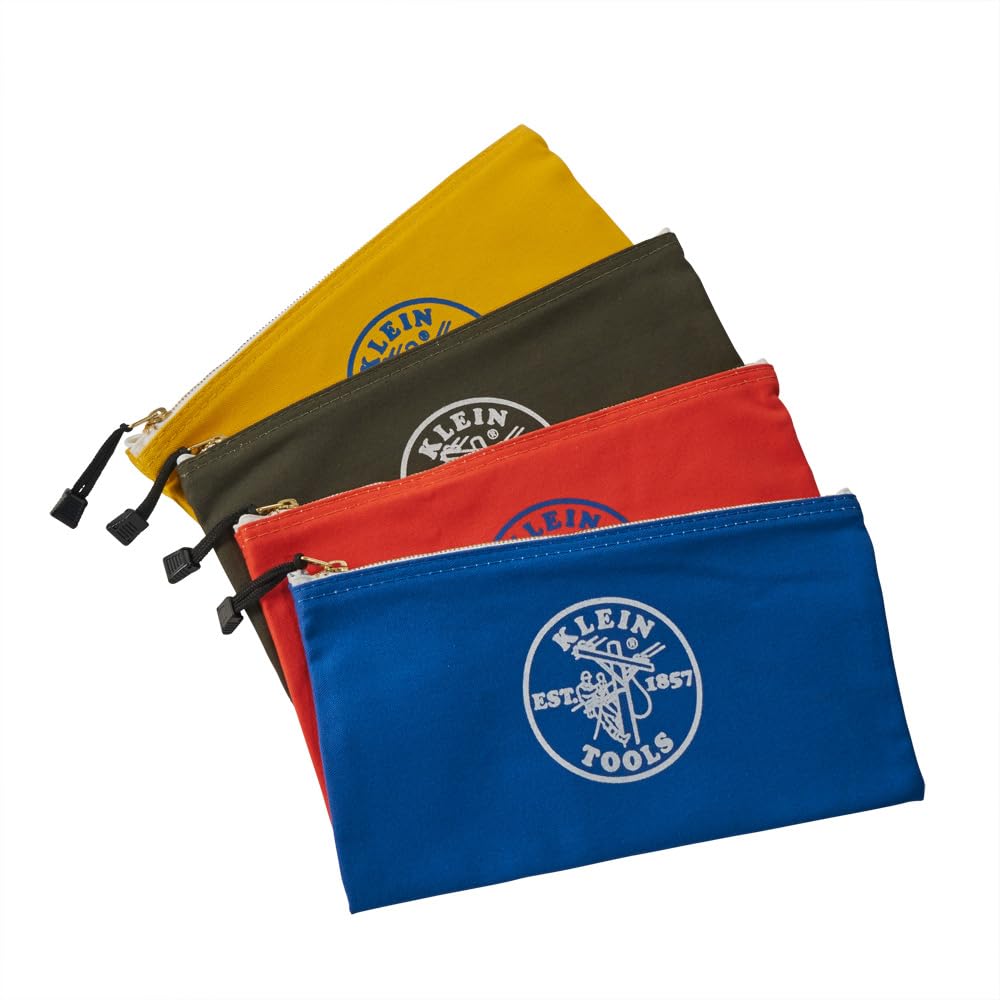 Klein Tools 5140 Canvas Zipper Bag, Tool Pouch, Bank Deposit Utility Bag, 12.5 x 7-Inch, Olive/Orange/Blue/Yellow 4-Pack