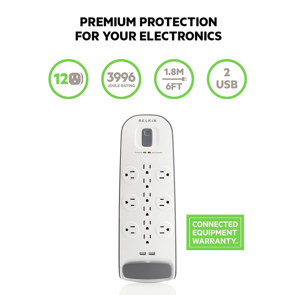 Belkin 12-Outlet USB Power Strip Surge Protector, Flat Plug, 6ft Cord (3,996 Joules), White - Pack of 3