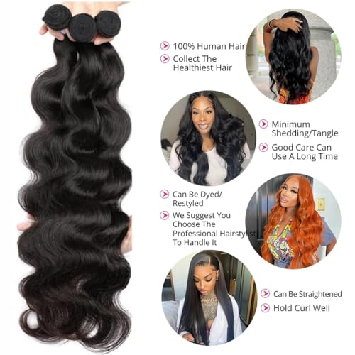 Beautymoon Brazilian Human Hair Weave 3 Bundles Body Wave 12 14 16 Inch 100% Unprocessed Virgin Hair Extensions Tangle-Free Natural Color for Black Women