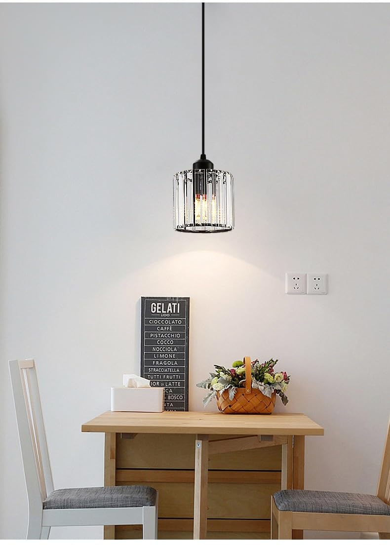 1 Pack Glass Pendant Light Battery Operated with Remote, Rechargeable Wireless Hanging Light Black, Battery Powered Pendant Lamp Small Crystal Glass Chandelier for Kitchen Dining Table Bedroom