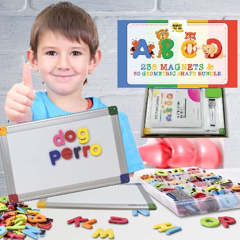291Pcs ABC Magnets Board Magnetic Letters Numbers and Shapes Maker for Kids and Toddlers with Storage Double-Side Drawing Whiteboard Uppercase Lowercase Foam Alphabets Games Set