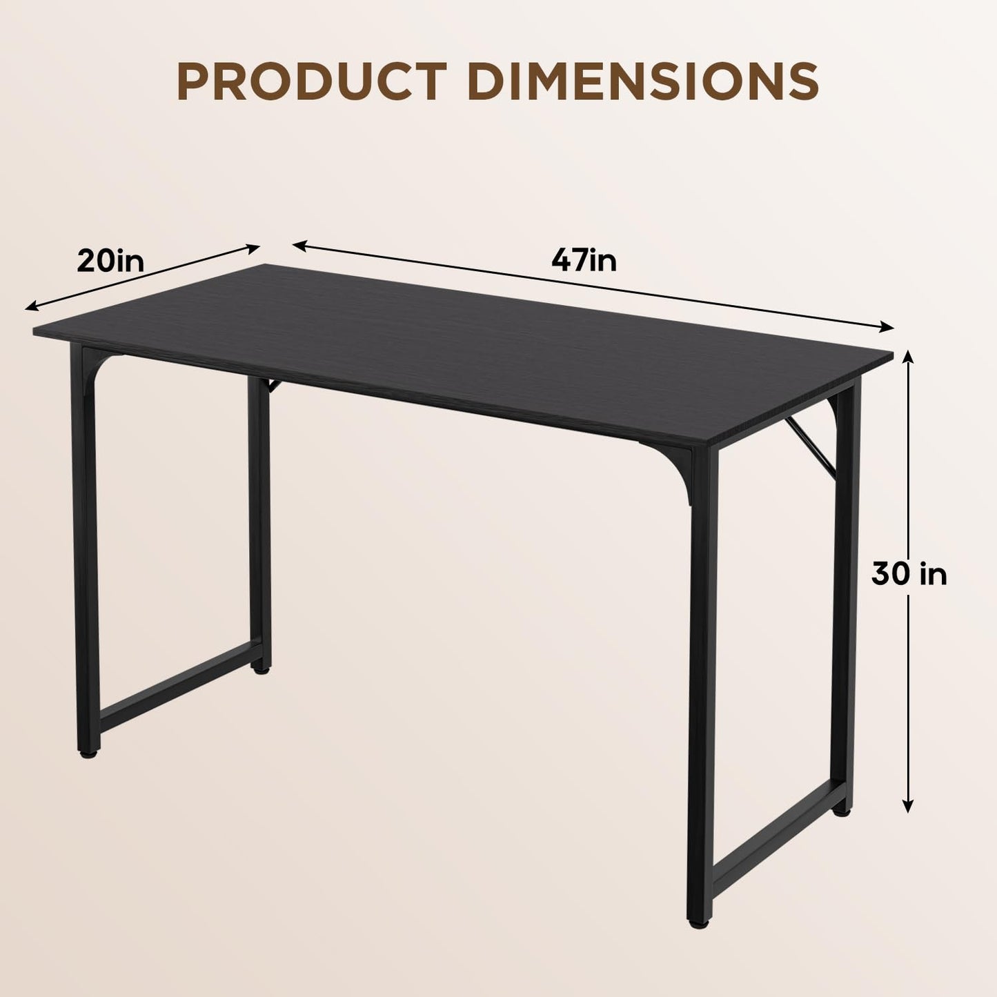 PayLessHere | 47 Inch Computer Desk | Black | Office Desk with Metal Frame, Adjustable Feet | Water-Resistant, Scratchproof Surface | Sturdy Writing Table for Home Office or Study | Pack of 1