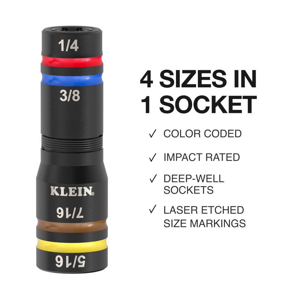 Klein Tools 653QS KNECT Quad Socket, 12 Sizes in 3 Sockets, 4-in-1 Color Coded SAE Impact Rated, Heavy-Duty, 1/4- and 3/8-Inch Drive, 3-1/2- and 6-1/2-Inch Shaft