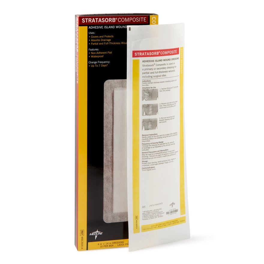Medline Stratasorb Composite Composite Adhesive Island Wound Dressings, 4" x 14" (Pack of 10)
