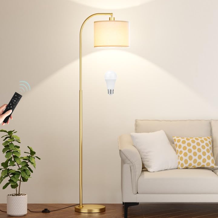 Arc Floor Lamp with Remote and Stepless Dimmable Bulb, Colors Temperature & Brightness Adjustable, Gold Floor Lamps for Living Room(Deep Beige Shade & Gold Pole)