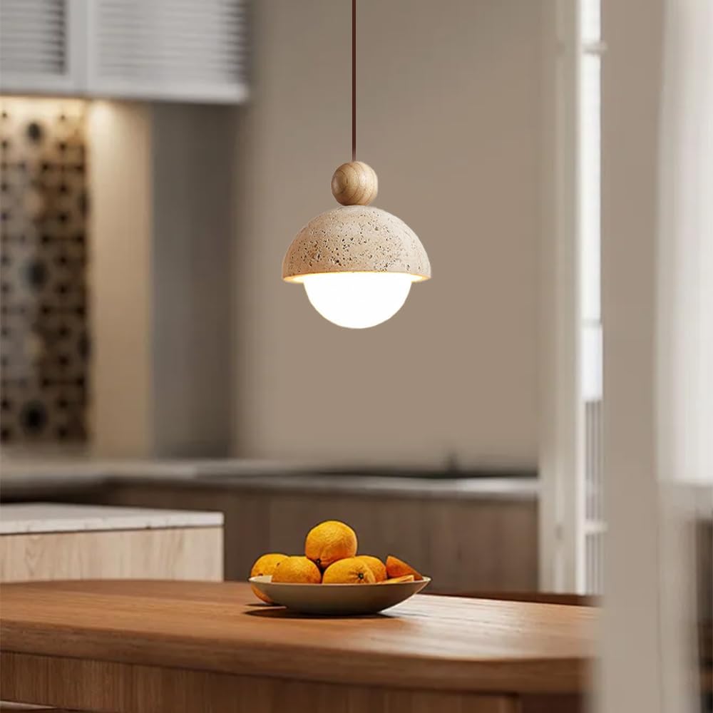 Spherical Wabi Sabi Pendant Light Natural Stone Retro Japanese Style Yellow Travertine Pendant Lighting Vintage Mini Wood Nordic Hanging Light for Kitchen Island Dining Room Bedroom Hallway Bedside