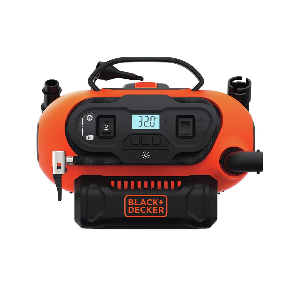 BLACK+DECKER Tire Inflator Portable Air Compressor, Air Pump for Inflatables, 3 Modes: Electric Outlet, 12V Car Adapter and Cordless 20V MAX, Battery Sold Separately (BDINF20C)