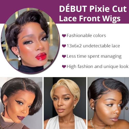 DÉBUT Human Hair Pixie Wig Side Part Lace Front Wigs with Side Fringe Swept Bangs Short Pixie Cut Wig 613 Color